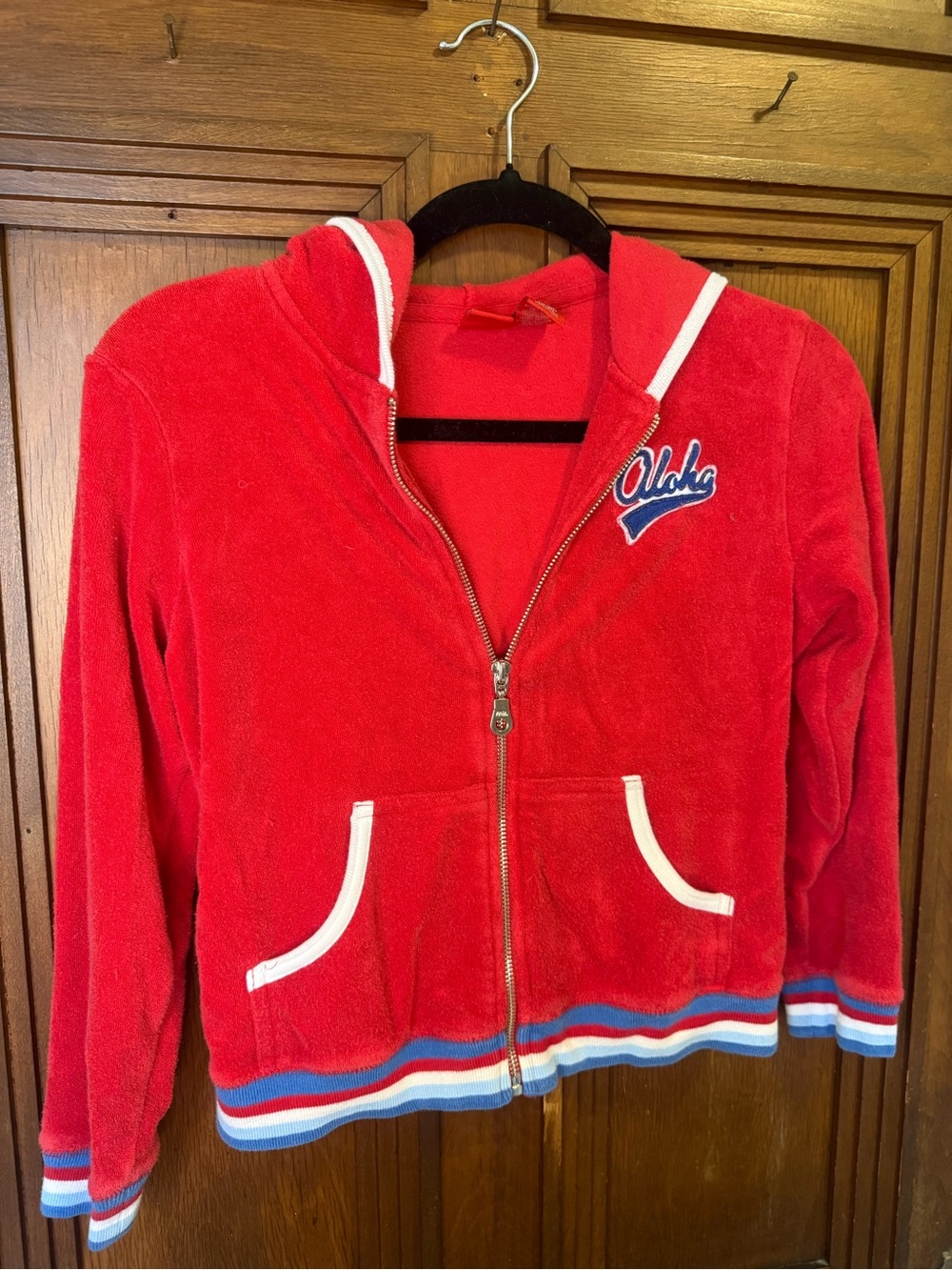 Red Zip-Front Hooded Terrycloth Jacket